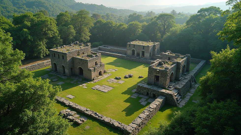 High angle view of ancient ruins surrounded by lush greenery