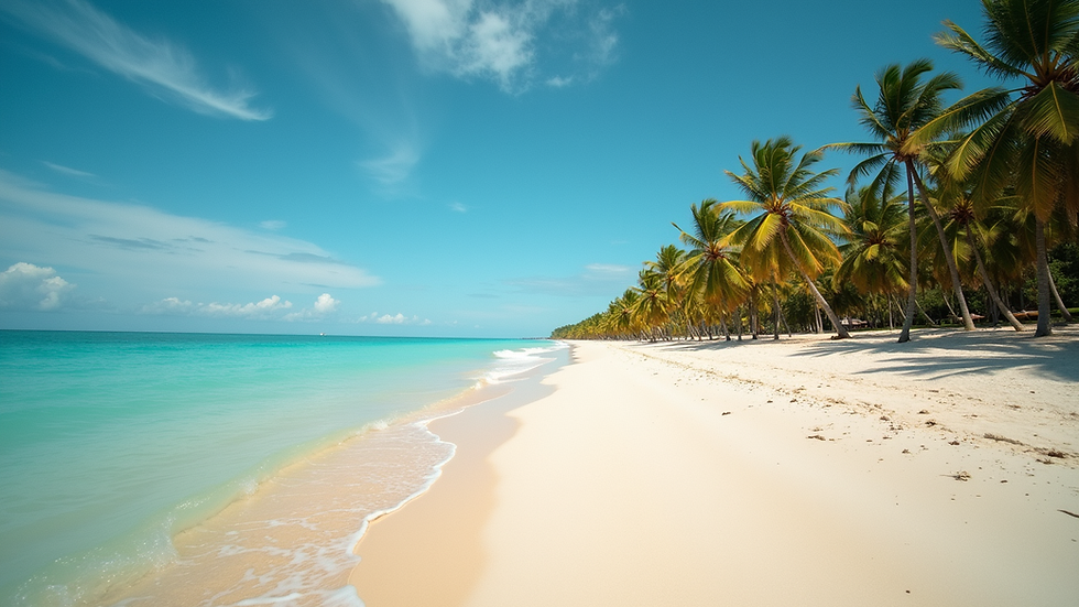 Eye-level view of a quiet sandy beach with turquoise water and pine trees