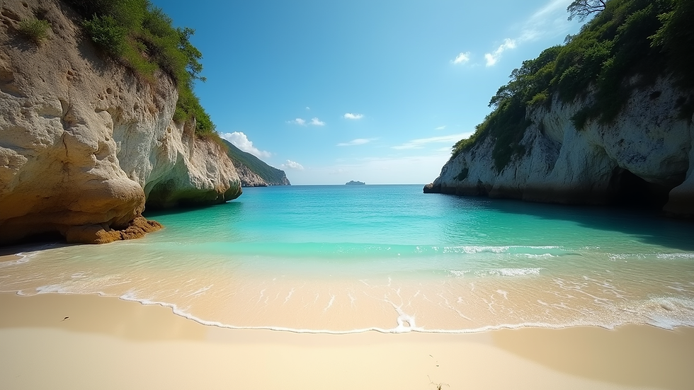 Eye-level view of a quiet sandy beach with turquoise water and rocky cliffs