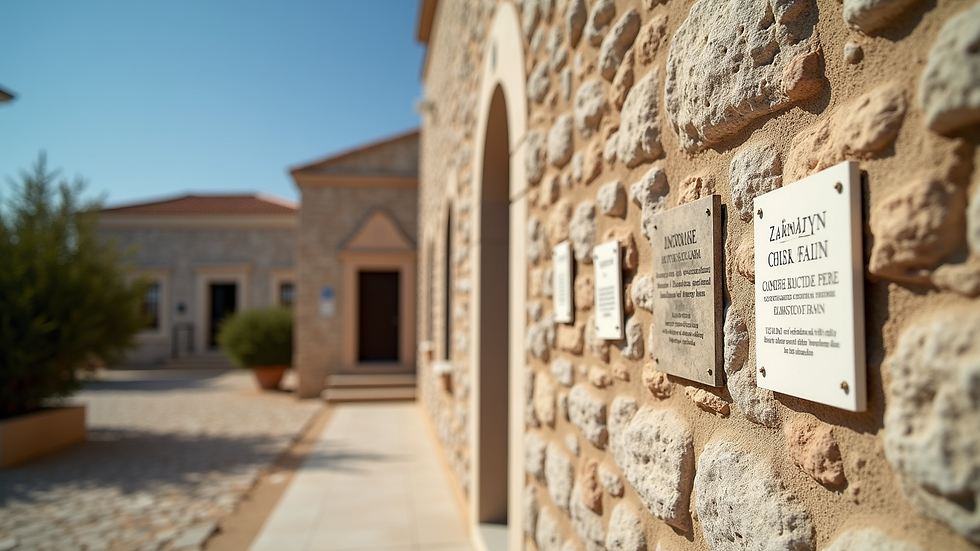 Close-up view of a traditional Zakynthian stone building with historical plaques