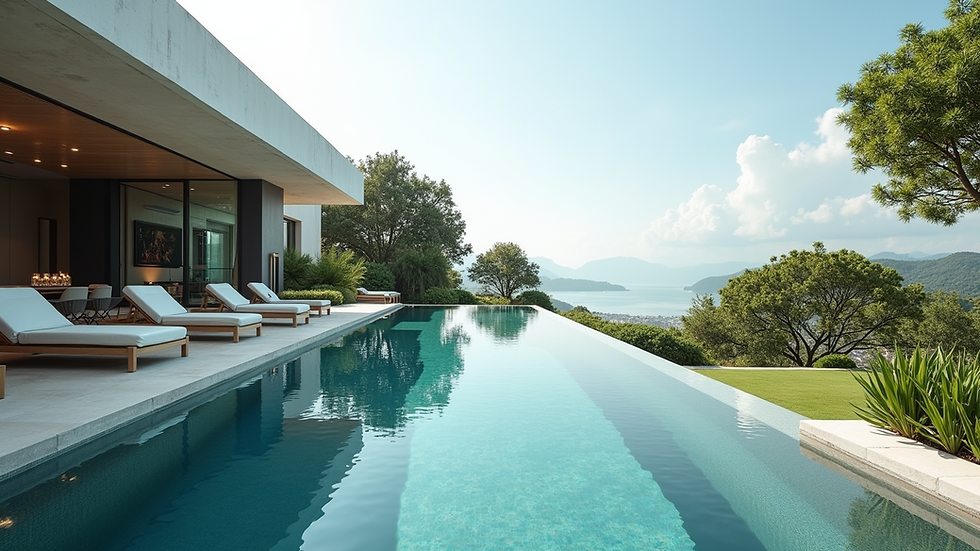Wide angle view of luxury villa garden with infinity pool