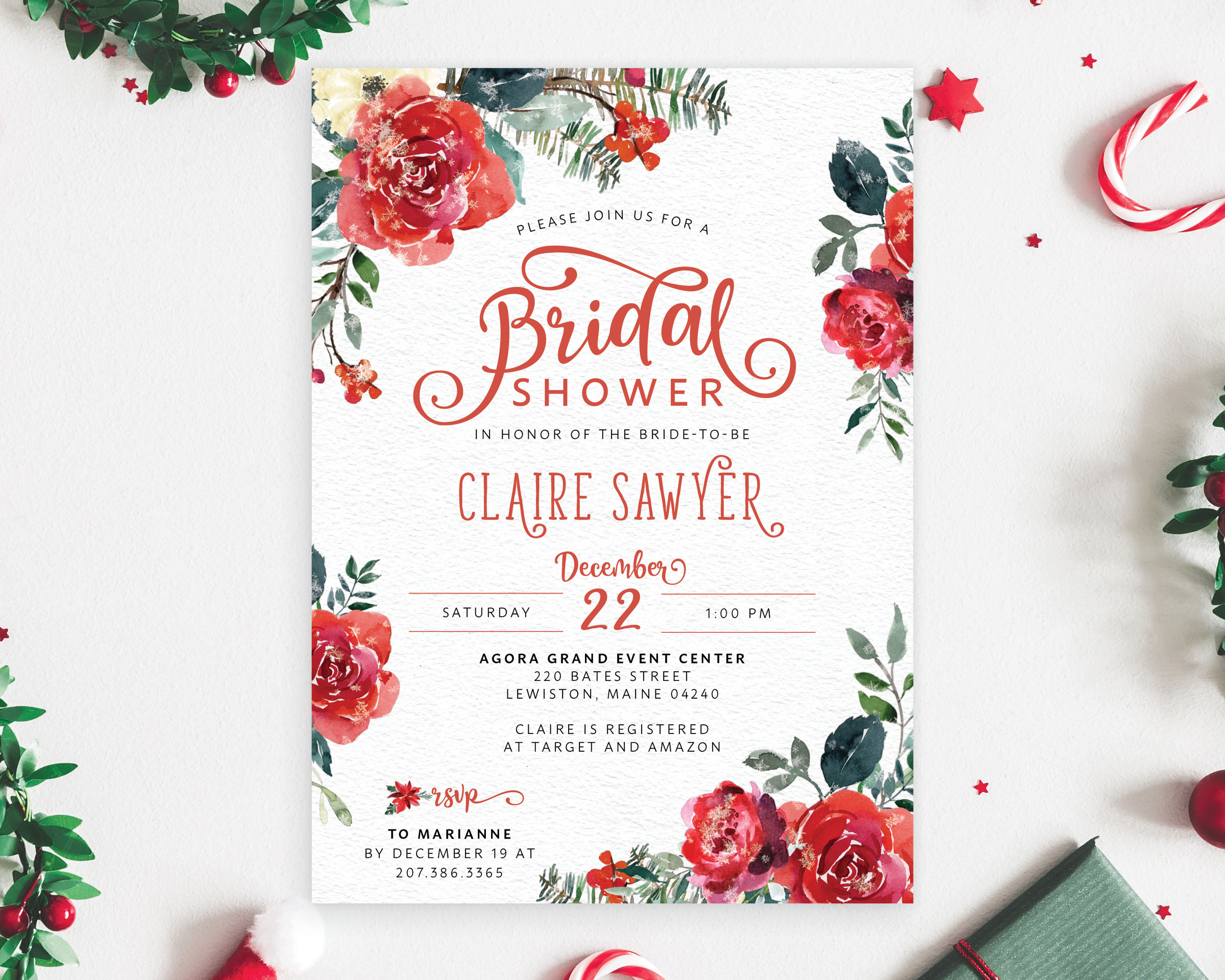 Winter Red Floral and Greenery Bridal Shower Invitation