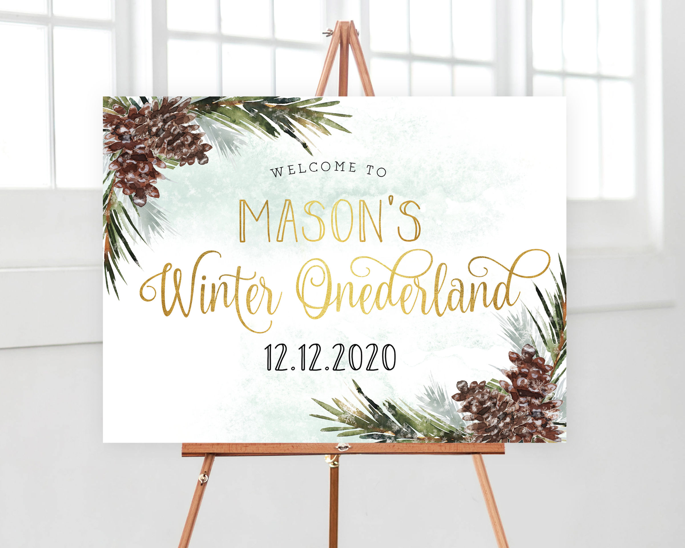 Winter Greenery and Pine Greenery and Gold Large Welcome Sign