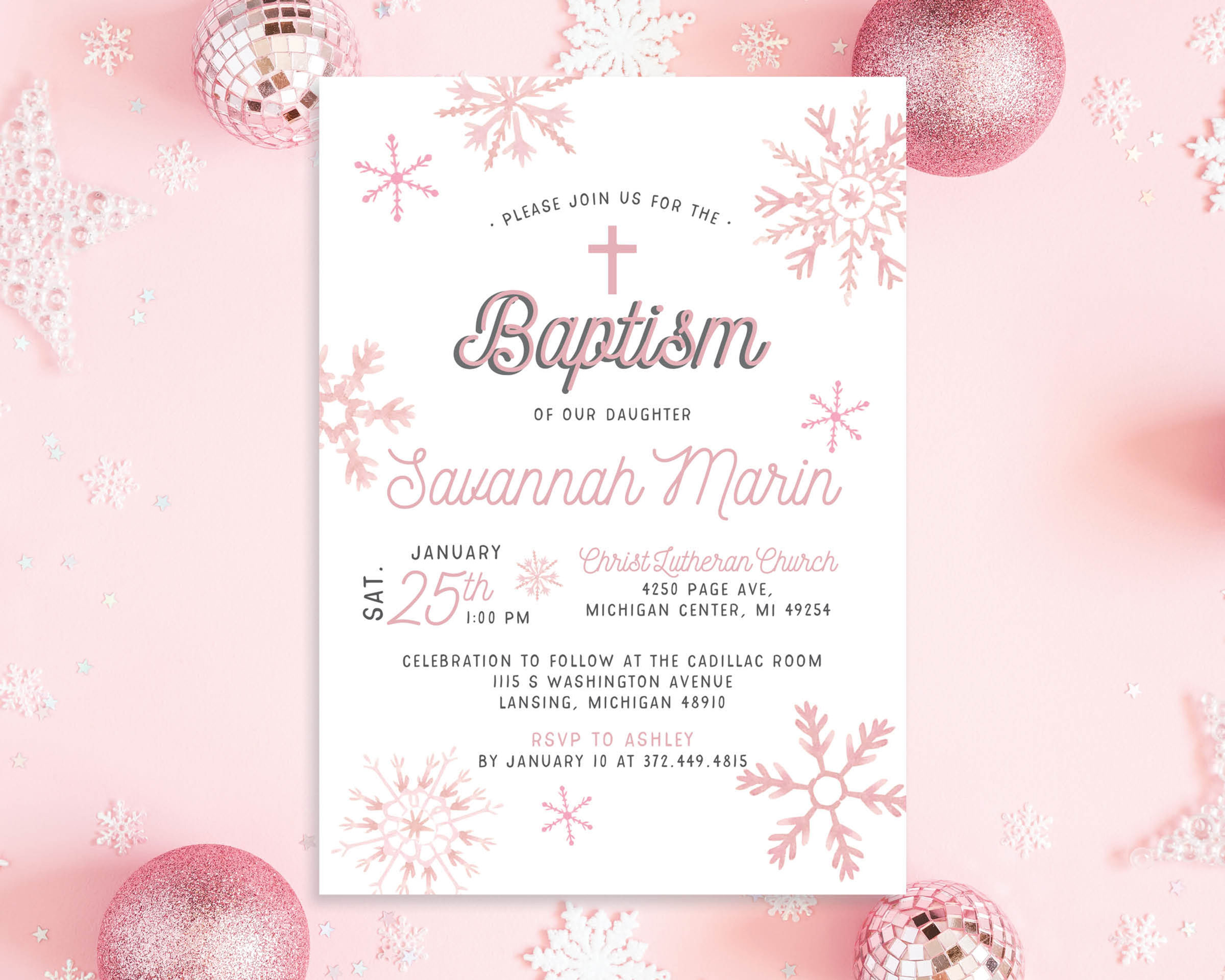 Pink Snowflakes Simple and Modern Winter Religious Invitation