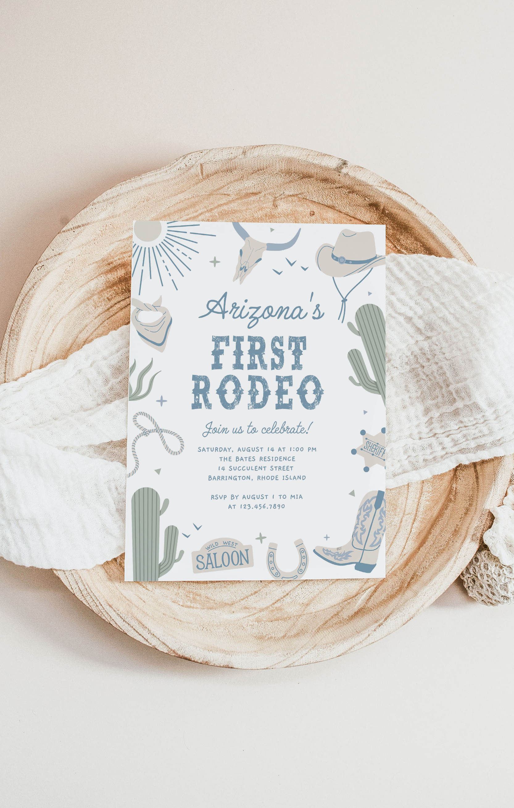 ARIZONA | First Rodeo Western Blue Birthday Invitation