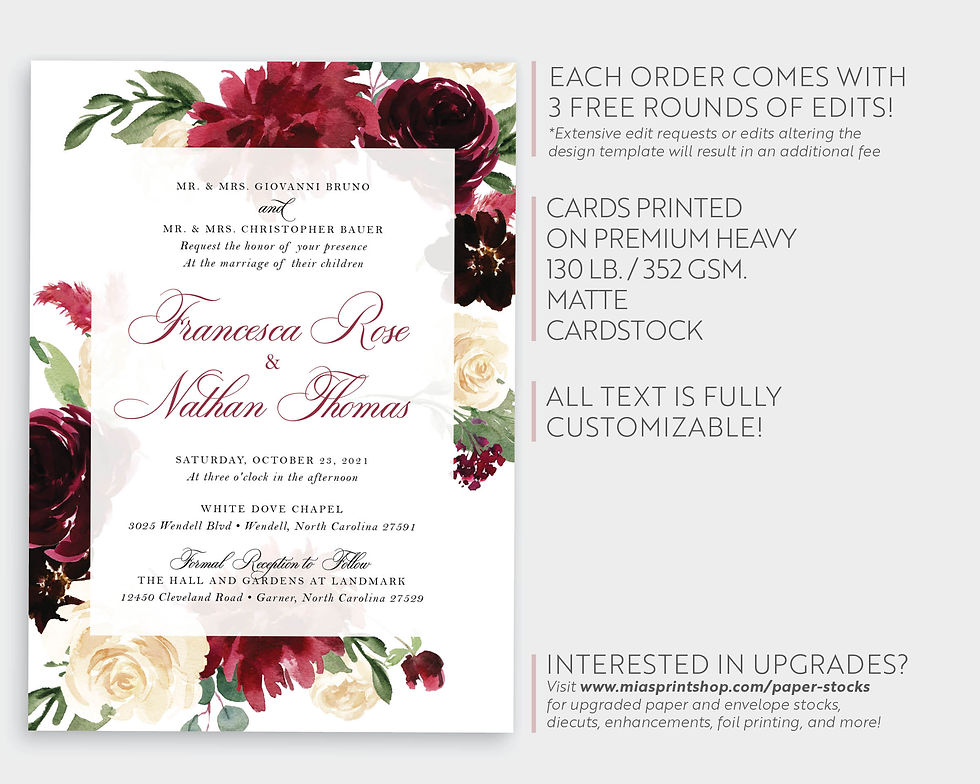 Thumbnail: Burgundy and Gold Floral Wedding Invitation Suite