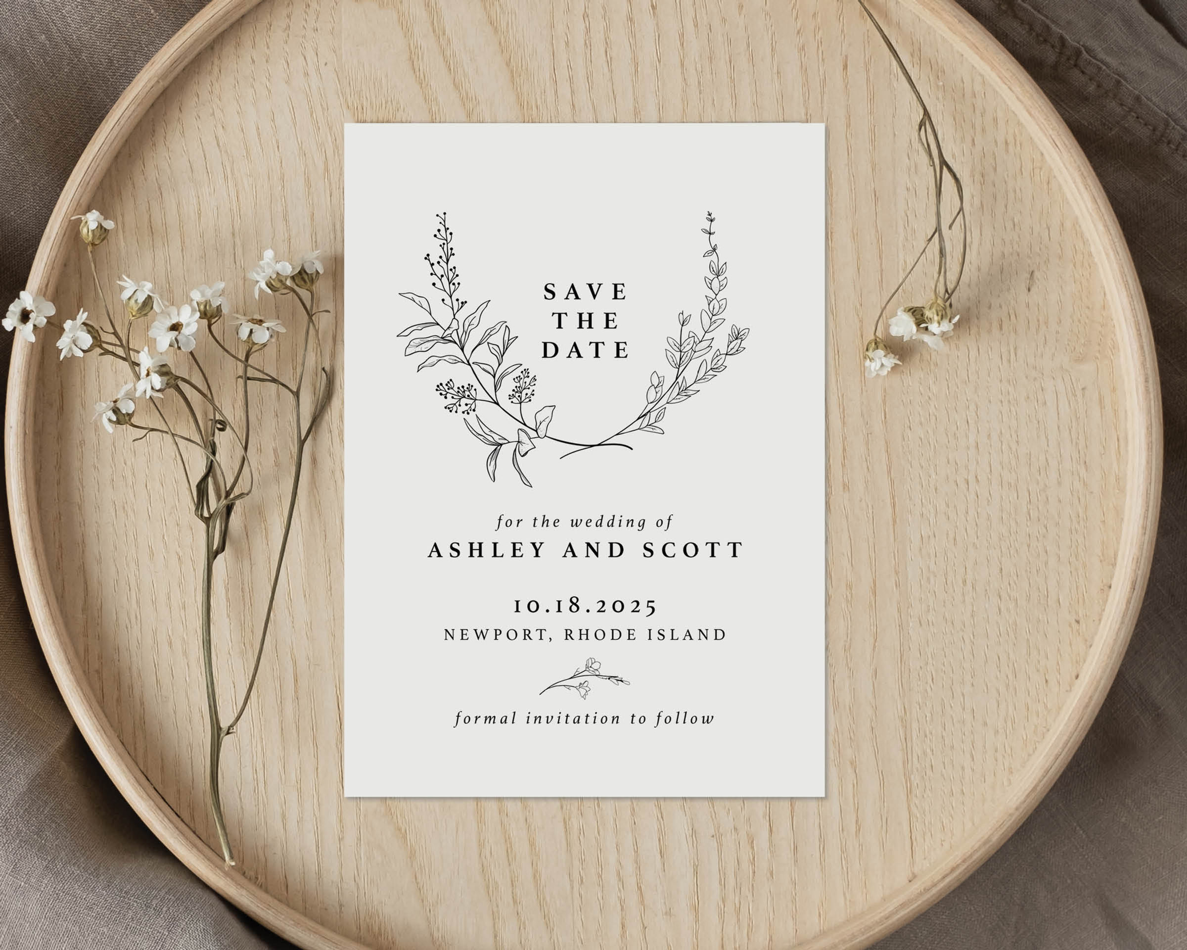 Dainty Floral Wreath Simple Save the Date Card Wedding Engagement Announcement