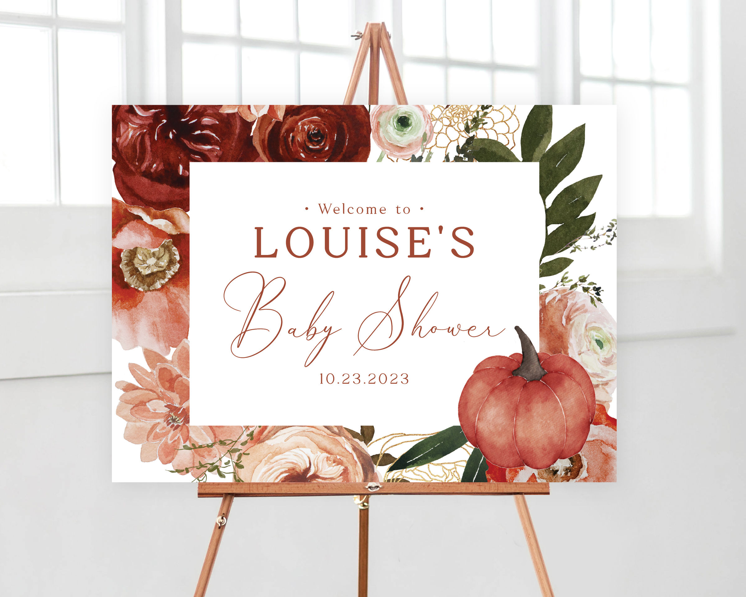 Neutral Burgundy and Orange Floral Pumpkin and Greenery Fall Welcome Sign