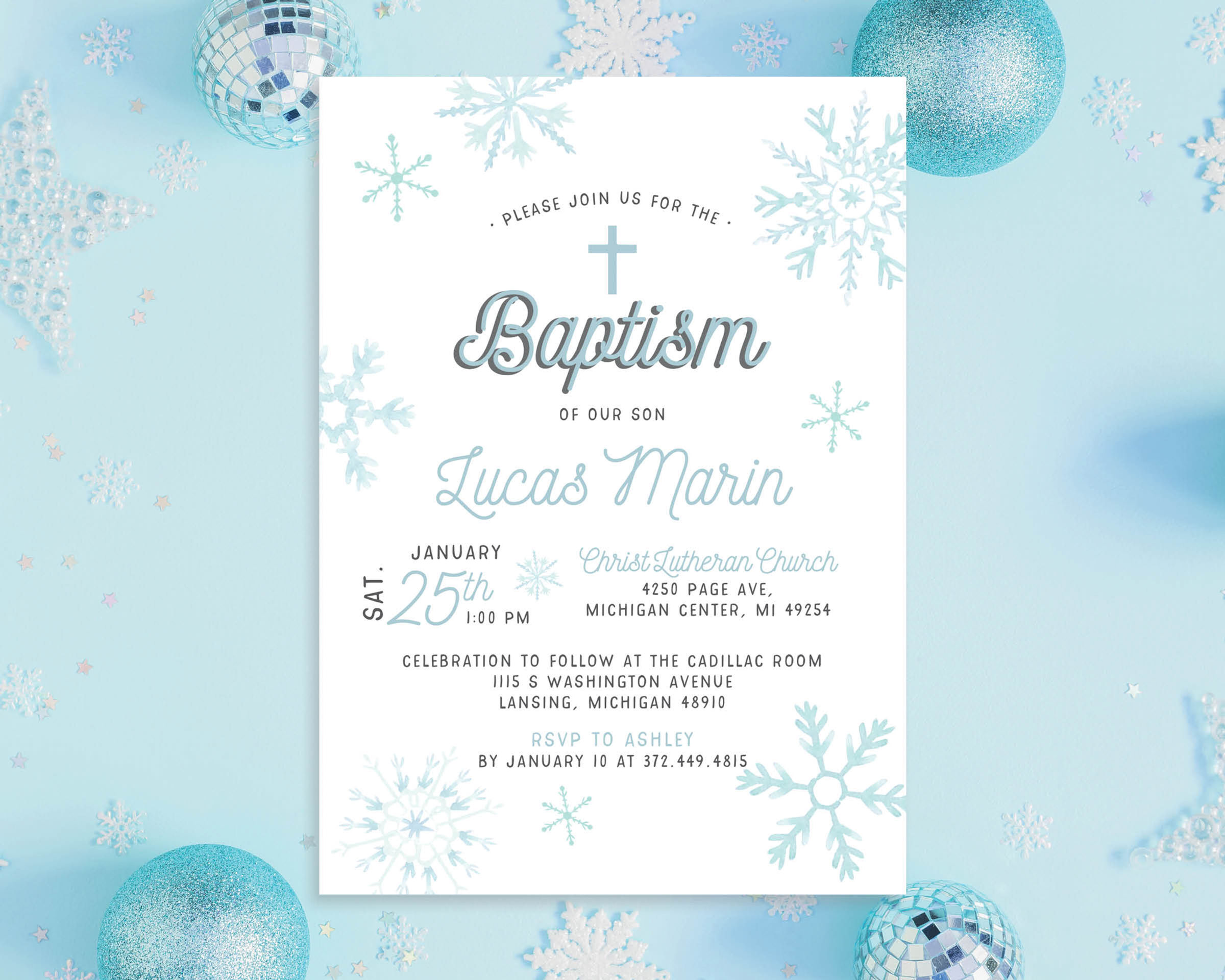 Blue Snowflakes Simple and Modern Winter Religious Invitation
