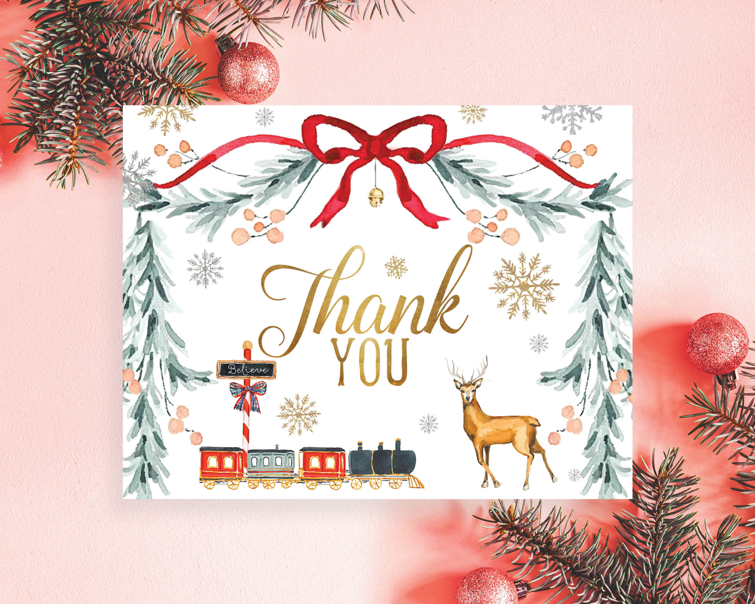 Christmas Red and Gold Snowflakes Winter Town Thank You Cards