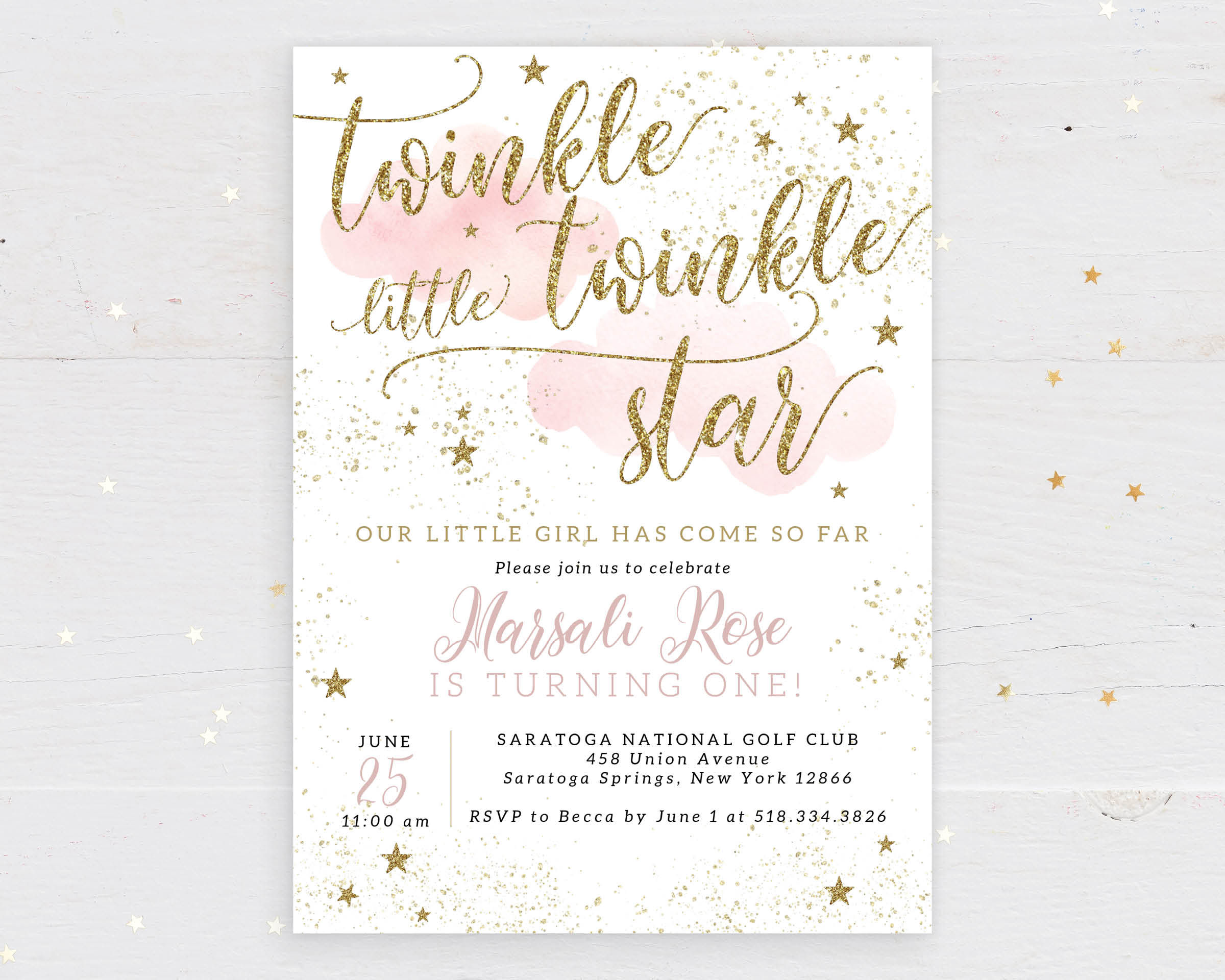 Twinkle Twinkle Little Star Pink Glitter Birthday Invitation