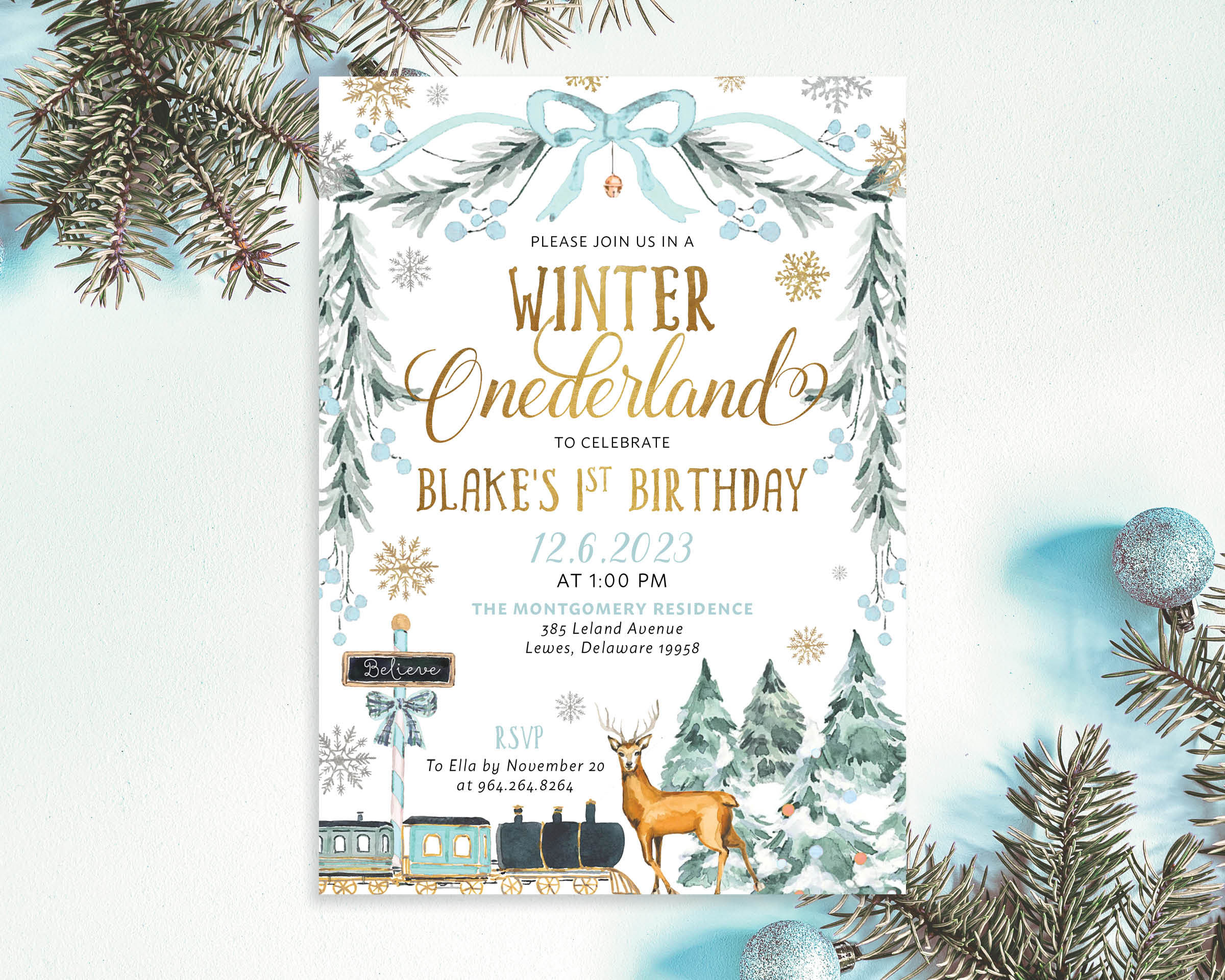 Winter ONEderland Blue and Gold Christmas Winter Town Birthday Invitation