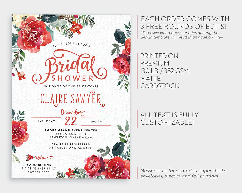 Thumbnail: Winter Red Floral and Greenery Bridal Shower Invitation