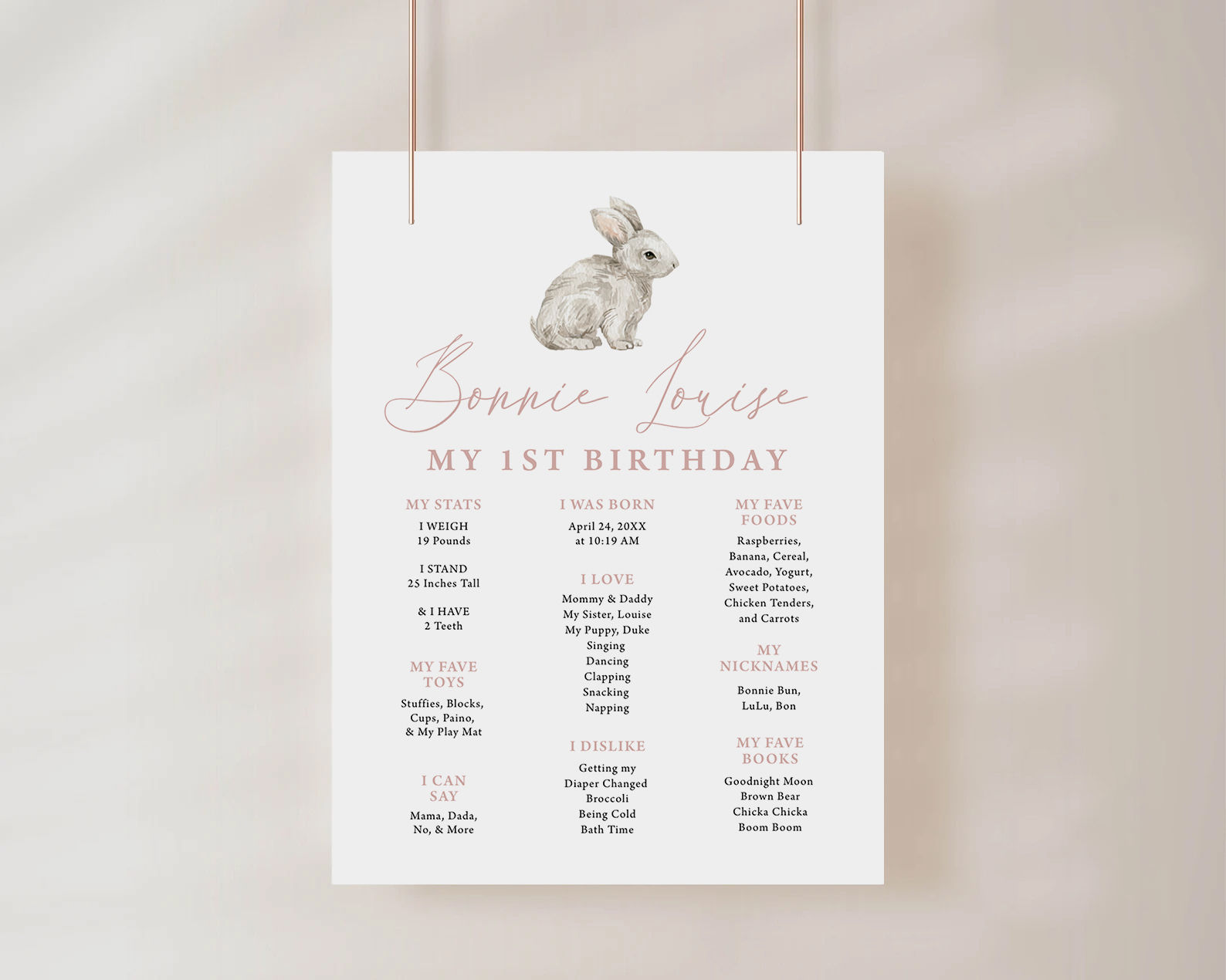 BONNIE | Little Bunny Minimalist Milestone Stats Birthday Sign