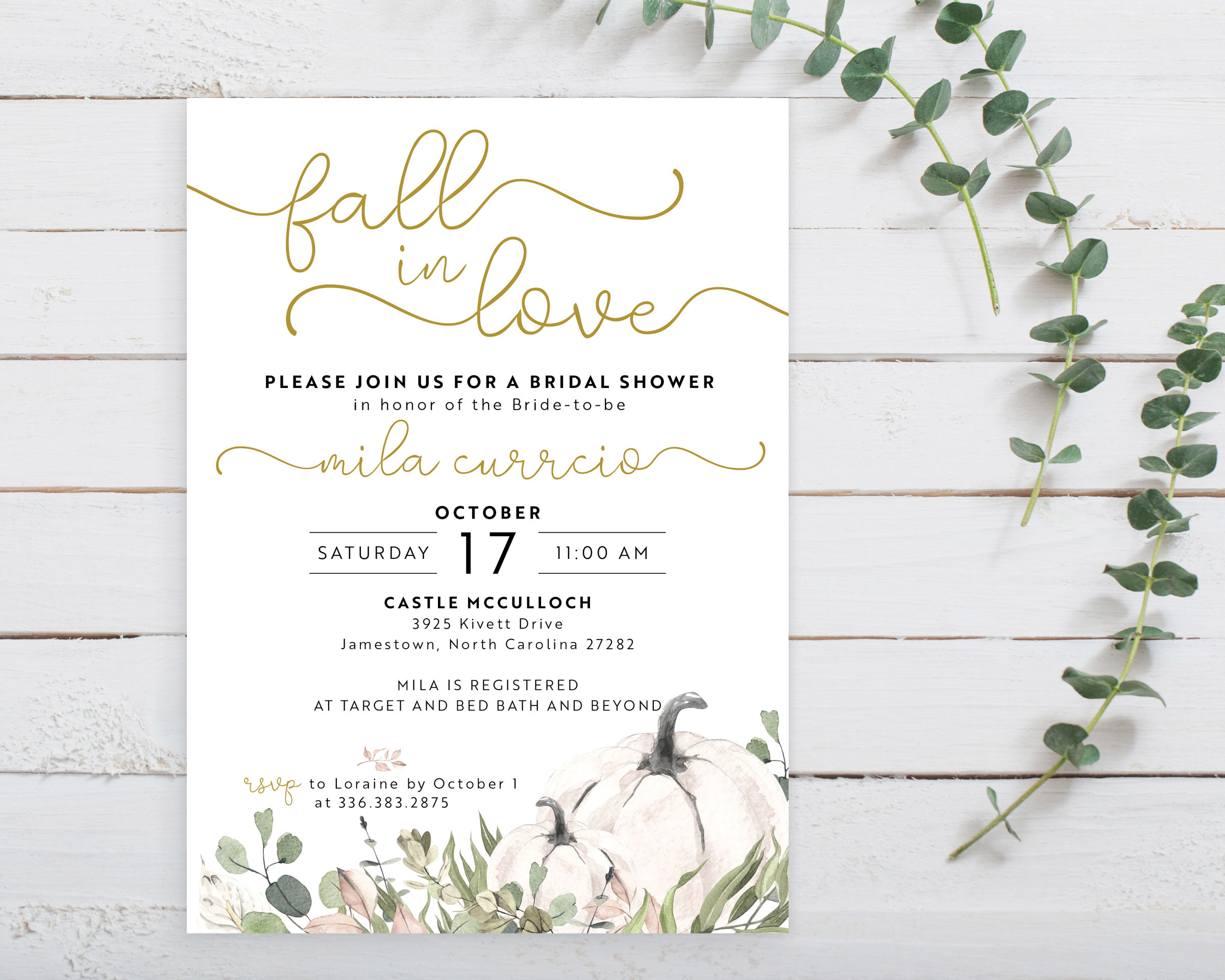Fall in Love Muted Greenery Pumpkin Bridal Shower Invitation