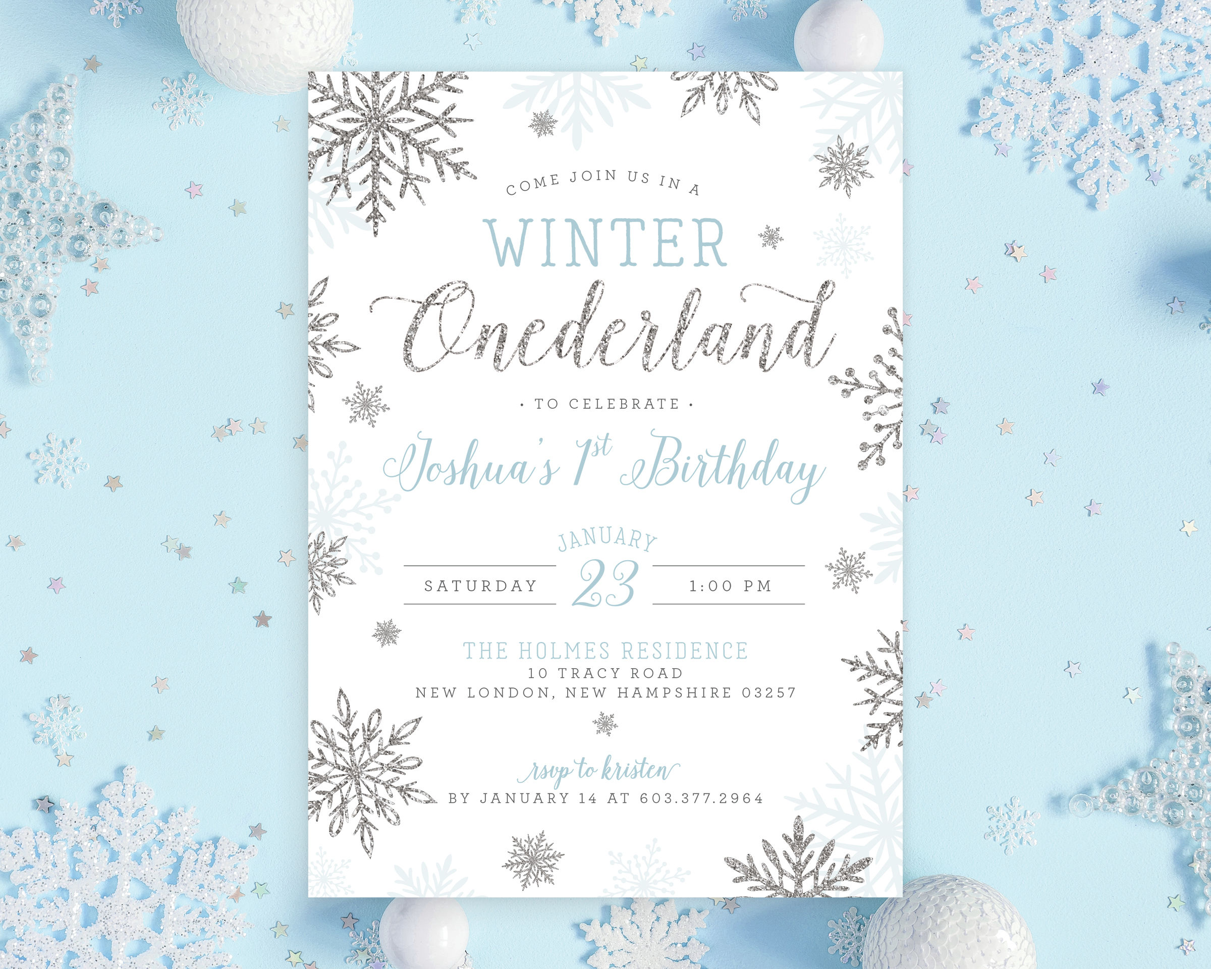 Winter ONEderland Blue Glitter Snowflakes Birthday Invitation
