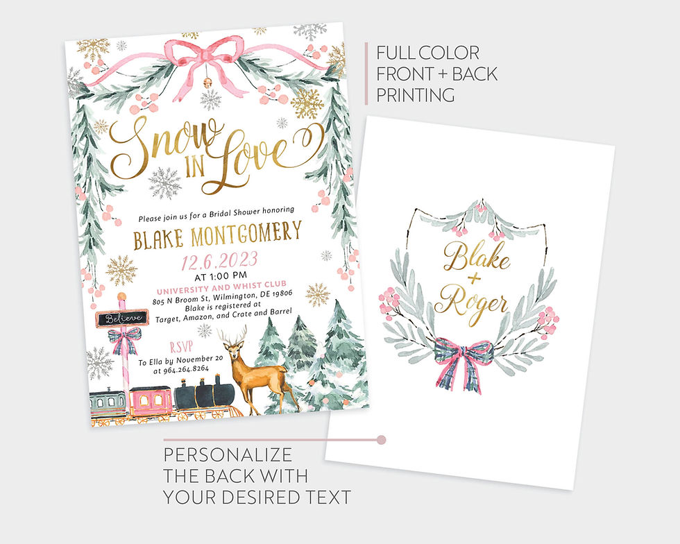 Thumbnail: Snow in Love Pink and Gold Snowflakes Christmas Winter Bridal Shower Invitation
