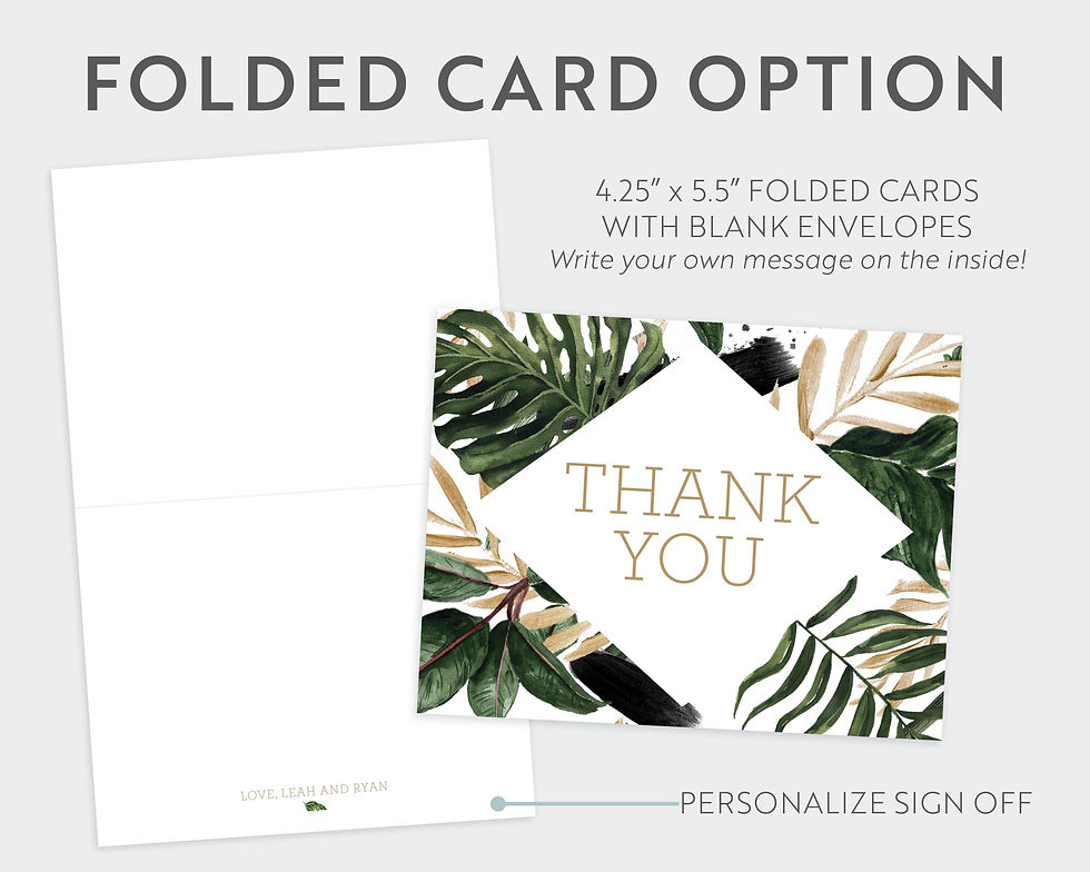 Thumbnail: Tropical Lush Greenery Palm and Gold Thank You Cards
