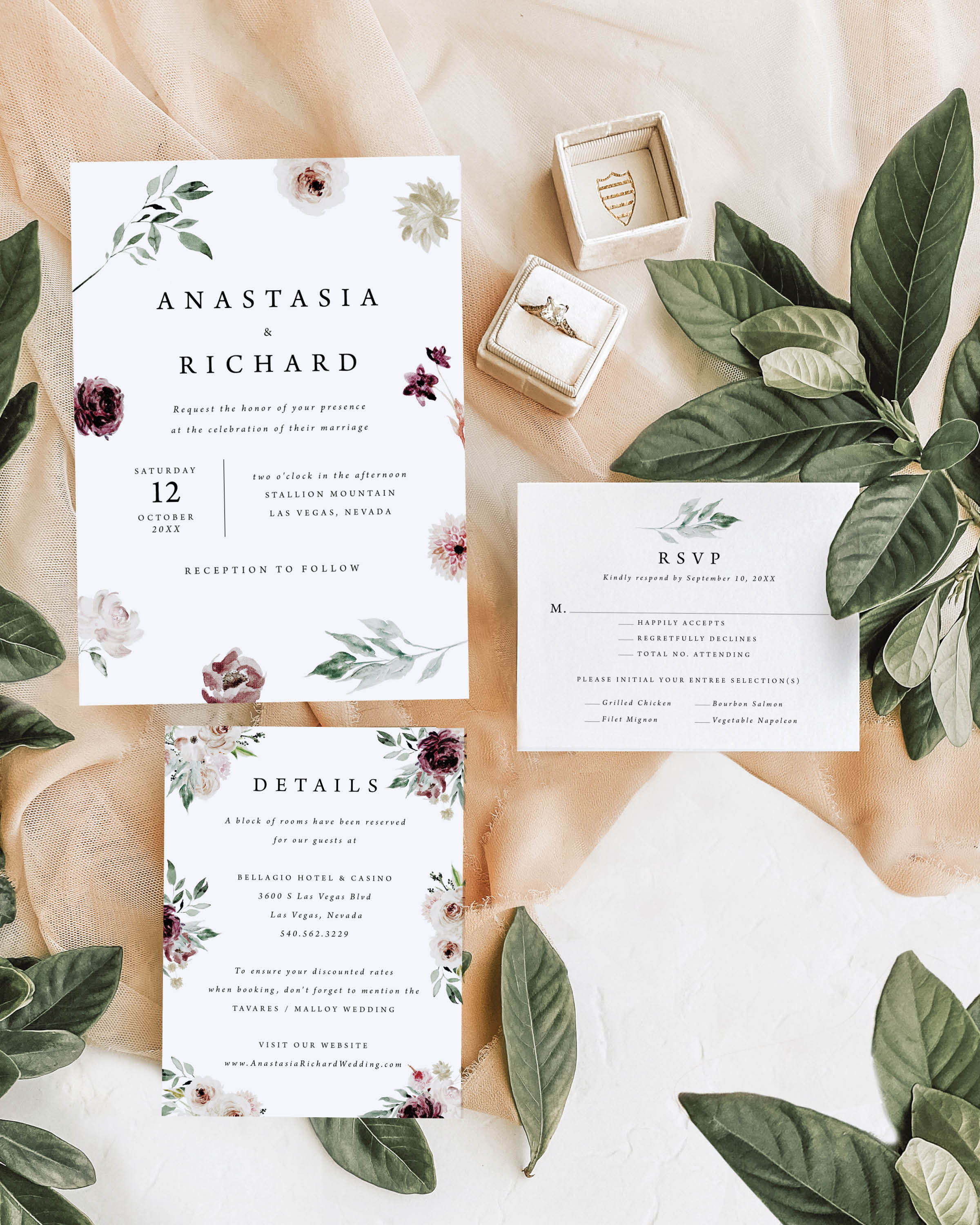 ANASTASIA | Moody Merlot and Muted Floral Greenery Invitation Suite
