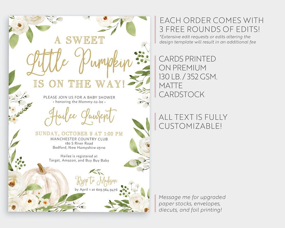 Thumbnail: Little Pumpkin Lush Greenery Gold Floral Pumpkin Fall Baby Shower Invitation