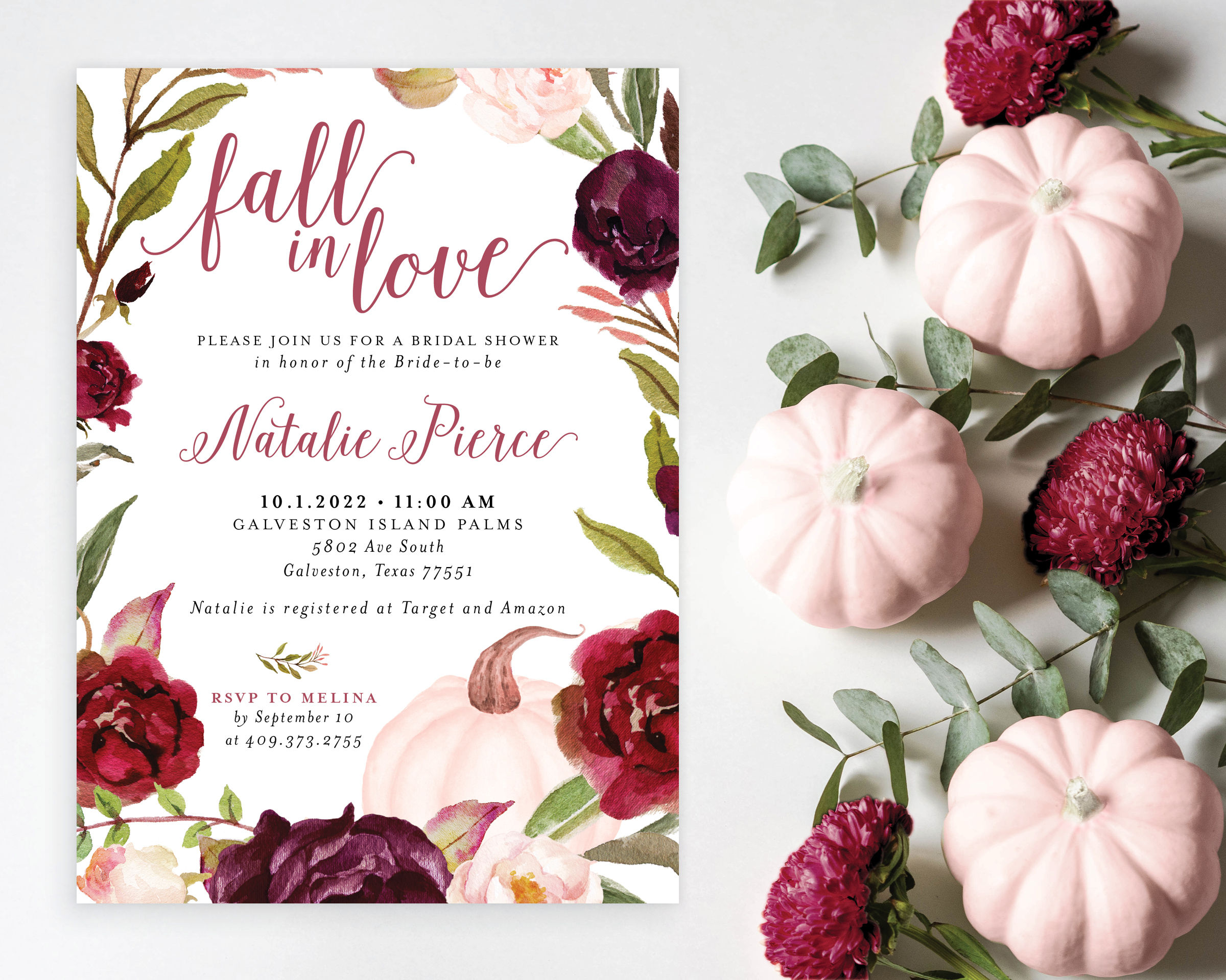 Fall in Love Pink Pumpkins Floral Marsala Bridal Shower Invitation