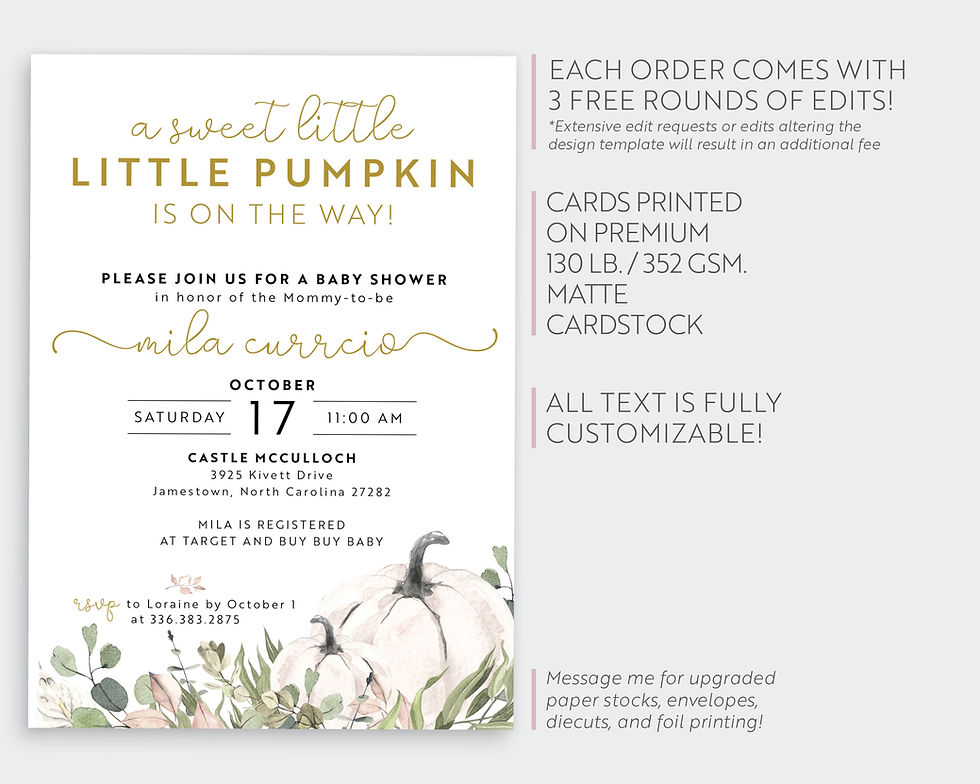 Thumbnail: Fall Gold and Muted Greenery White Pumpkin Baby Shower Invitation