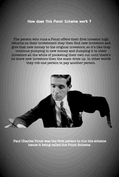 How does this Ponzi Scheme work ?
The person who runs a Ponzi offers their first investor high returns on their investment they then find new investors and give that new money to the original investors; so it’s like they continue pumping in new money and dumping it to older investors all the while of pocketing their own cut until there’s no more new investors then the scam dries up. In other words they rob one person to pay another person.
Paul Charles Ponzi was the first person to run the scheme hence it being called the Ponzi Scheme.