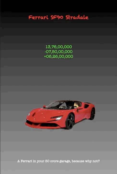 Ferrari SF90 Stradale
13,76,00,000 -07,50,00,000 =06,26,00,000
A Ferrari in your 50 crore garage, because why not?