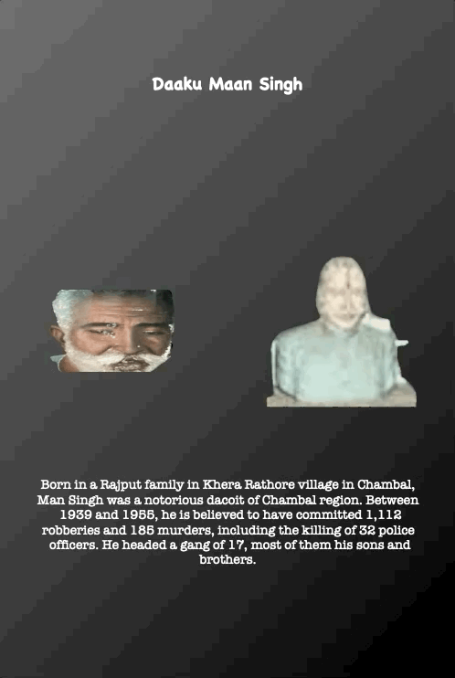 Daaku Maan Singh
Born in a Rajput family in Khera Rathore village in Chambal, Man Singh was a notorious dacoit of Chambal region. Between 1939 and 1955, he is believed to have committed 1,112 robberies and 185 murders, including the killing of 32 police officers. He headed a gang of 17, most of them his sons and brothers.
