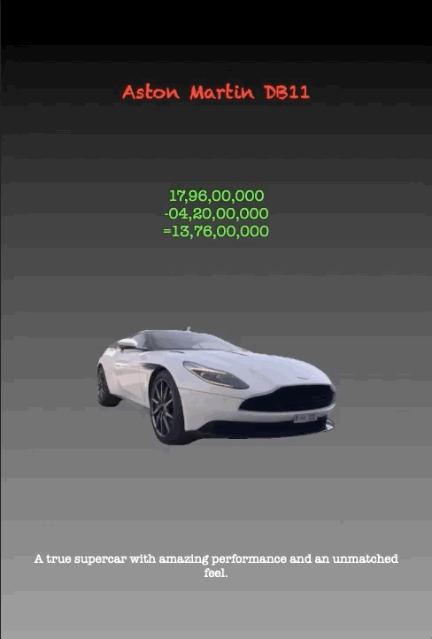 Aston Martin DB11
17,96,00,000 -04,20,00,000 =13,76,00,000
A true supercar with amazing performance and an unmatched feel.