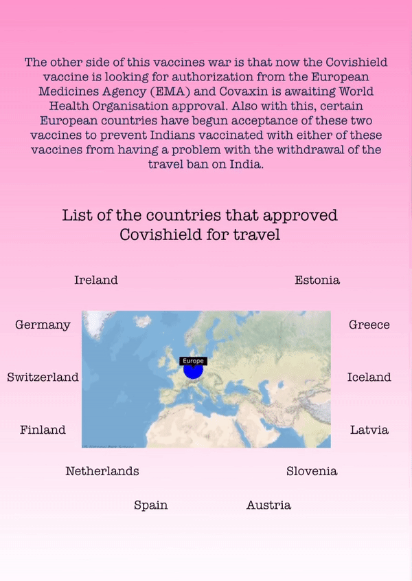 The other side of this vaccines war is that now the Covishield vaccine is looking for authorization from the European Medicines Agency (EMA) and Covaxin is awaiting World Health Organisation approval. Also with this, certain European countries have begun acceptance of these two vaccines to prevent Indians vaccinated with either of these vaccines from having a problem with the withdrawal of the travel ban on India.
List of the countries that approved Covishield for travel
Ireland Germany
Switzerland
Finland
Netherlands Spain
Estonia
Greece
Iceland
Latvia
Slovenia Austria