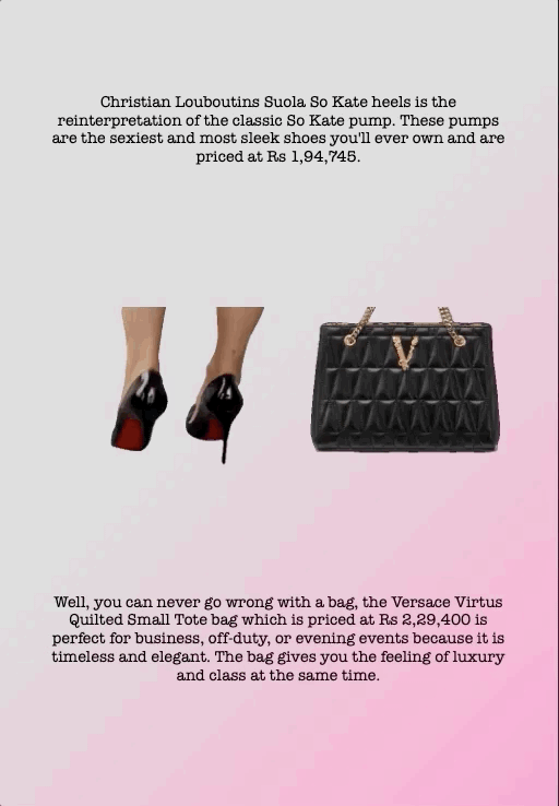 Christian Louboutins Suola So Kate heels is the reinterpretation of the classic So Kate pump. These pumps are the sexiest and most sleek shoes you'll ever own and are priced at Rs 1,94,745.
Well, you can never go wrong with a bag, the Versace Virtus Quilted Small Tote bag which is priced at Rs 2,29,400 is perfect for business, off-duty, or evening events because it is timeless and elegant. The bag gives you the feeling of luxury and class at the same time.