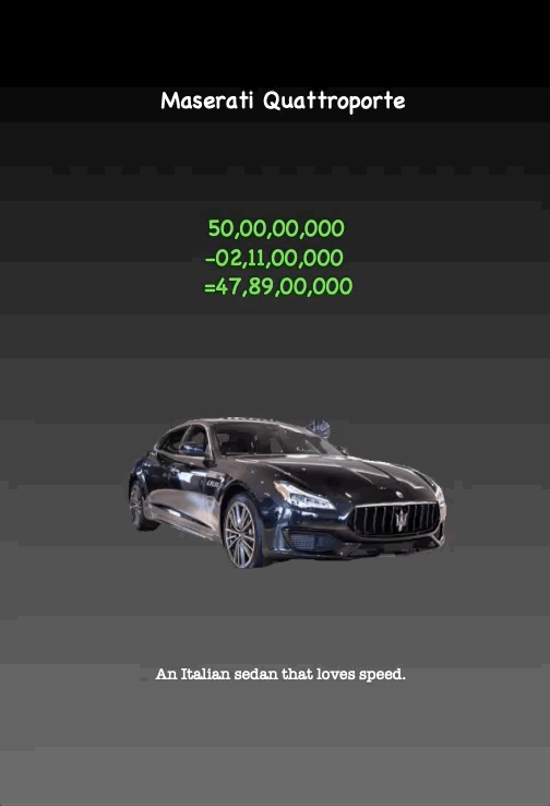 Maserati Quattroporte
50,00,00,000 -02,11,00,000 =47,89,00,000
An Italian sedan that loves speed.