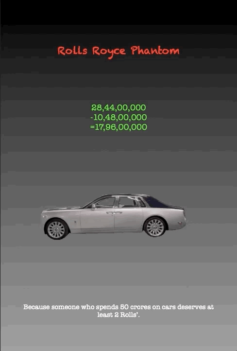 Rolls Royce Phantom
28,44,00,000 -10,48,00,000 =17,96,00,000
Because someone who spends 50 crores on cars deserves at least 2 Rolls’.