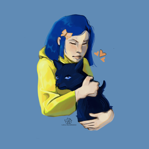 Drawing of Coraline in her yellow raincoat holding a cat. Original characters by Laika.