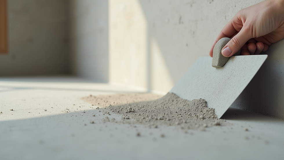 Close-up view of a trowel applying microcement on a wall