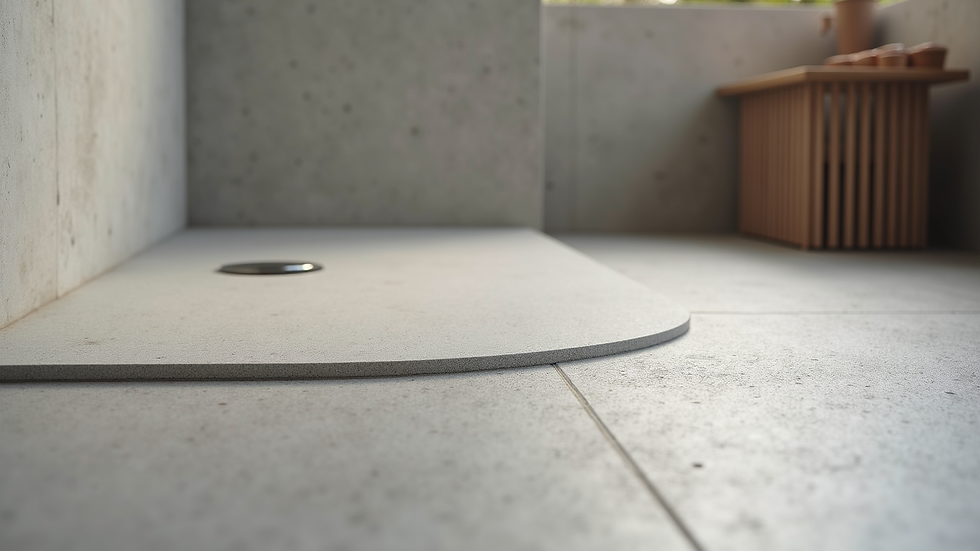 Close-up view of a microcement shower floor with a textured finish