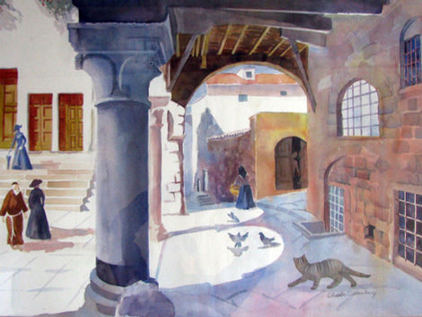 489  What the Cat Saw in Viterbo

This is the old section of town.  The architecture was a challenge for me.  When it was nearly finished, I decided that it needed to have people to liven it up and then it needed a cat in the corner and of course some pigeons.
This watercolor is about 35" x 40".