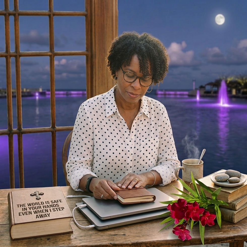 A woman sitting at a table with her hands rested over a journal on top of closed laptops, featuring a stone carved with 'The world is safe in Your hands even when I step away', practicing spiritual rest.