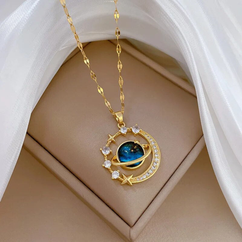 Thumbnail: Light Luxury Titanium Steel Star Series Necklace for Women Gold Color Planet Moo