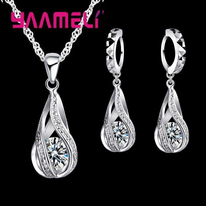 Thumbnail: Hot Water Drop CZ 925 Sterling Silver Plated Jewelry Set For Women Pendant Neckl