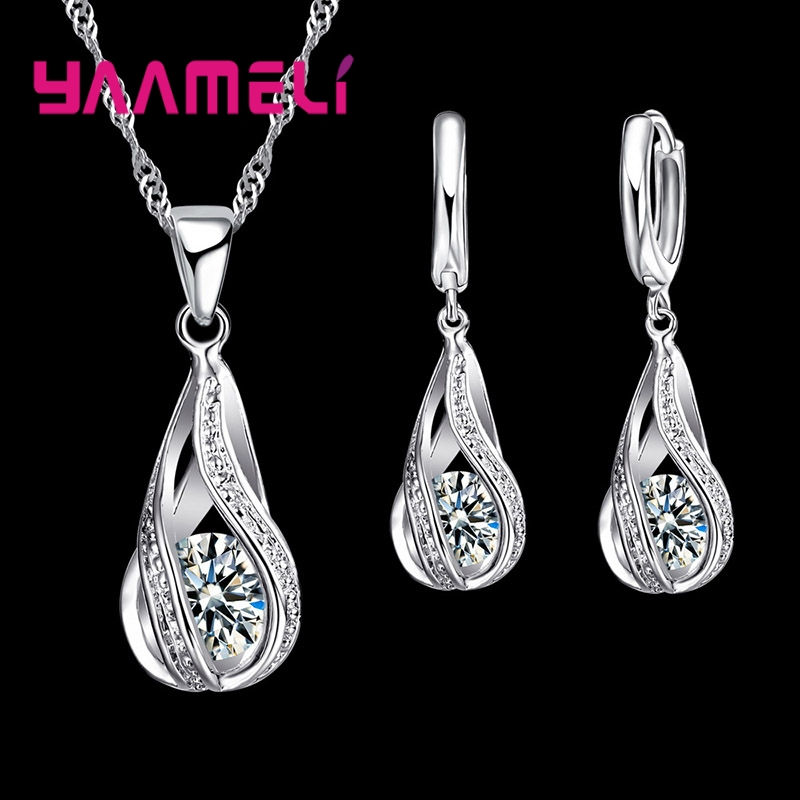 Thumbnail: Hot Water Drop CZ 925 Sterling Silver Plated Jewelry Set For Women Pendant Neckl
