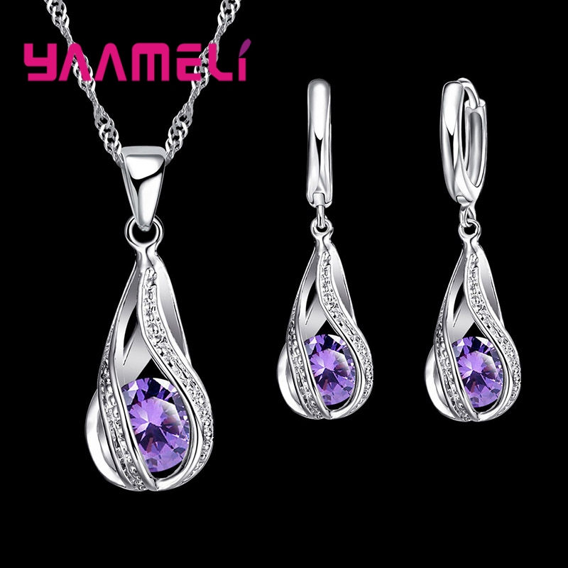 Thumbnail: Hot Water Drop CZ 925 Sterling Silver Plated Jewelry Set For Women Pendant Neckl