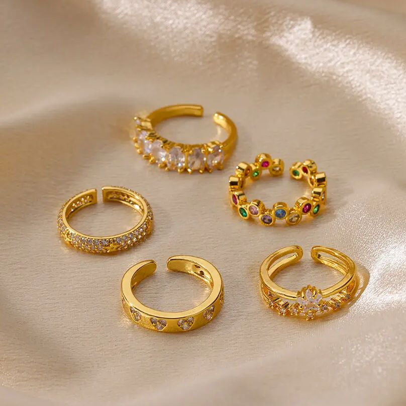 Thumbnail: Zircon Geometric Heart Rings For Women Stainless Steel Gold Color Wedding Ring L