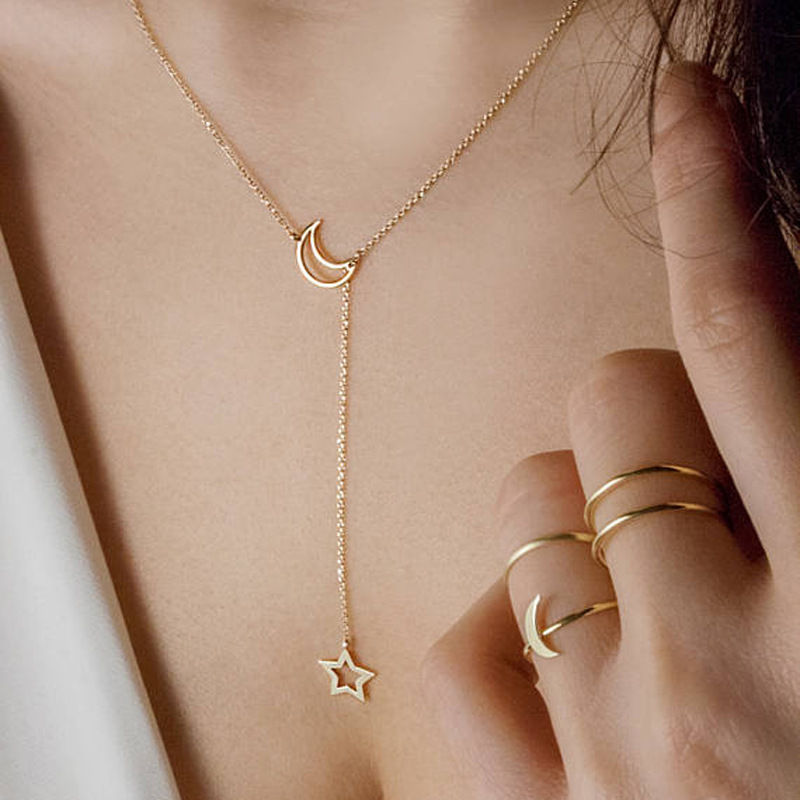 Thumbnail: New Simple Moon Star Pendant Choker Necklace Simple Gold Color Alloy Charm Chain