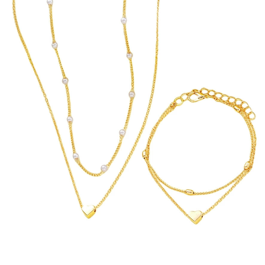 Thumbnail: Fashion Imitation Pearl Heart Jewelry Set For Women Gold Silver Color Round Bead