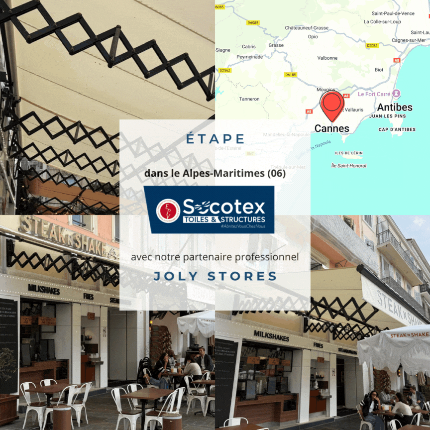 Installation d’un store pantographe SOCOTEX à Cannes par Joly Stores : design, performance et confort avec motorisation Somfy et toile Orchestra Max.