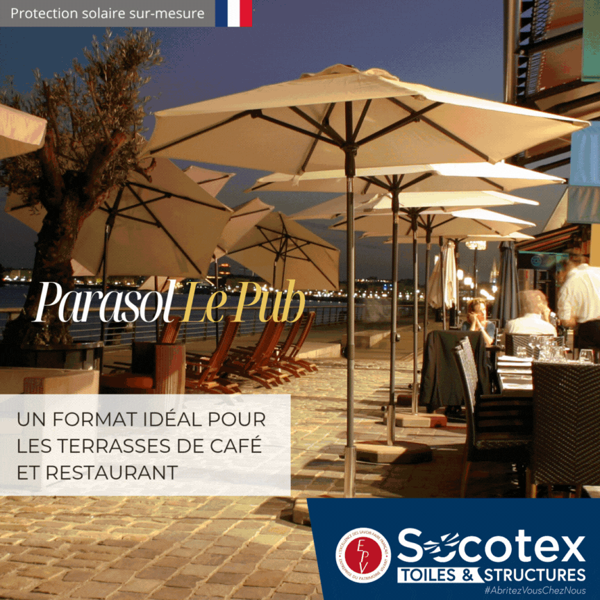 Compact, inclinable et facile à vivre, le parasol "Le Pub" de Socotex