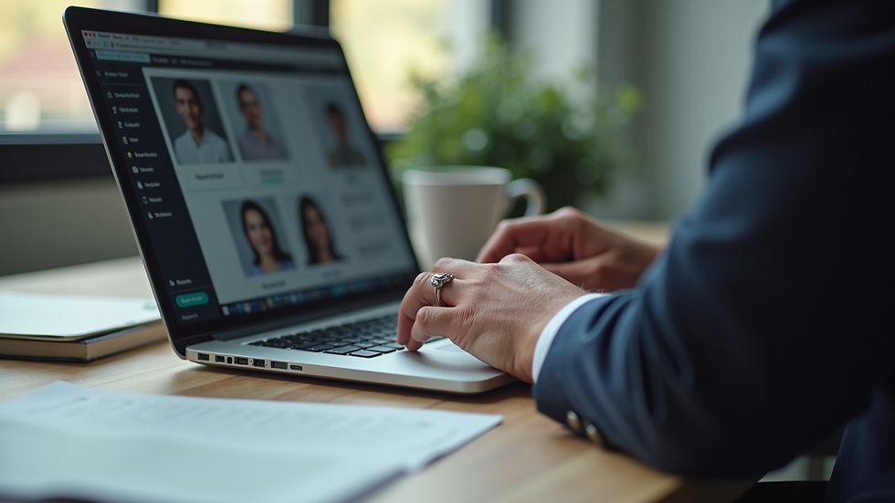 Eye-level view of a recruiter reviewing candidate profiles on a laptop