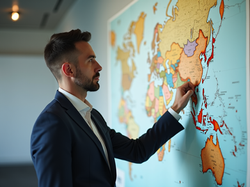 A professional-looking person confidently planning their career route on a world map, symb